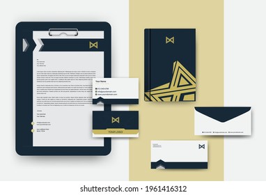 Business Brand Identity Mockup set with digital elements. Classic full stationery template design. Editable vector illustration. Letterhead, business card, envelop, Paper Clipboard Hardboard set.