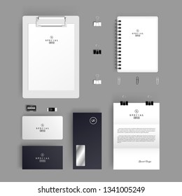 Business Brand identity realistic Mock-up set with logo template. Corporate Brand Identity Stationery Mockup set minimalism grey colour design on grey background. Vector Illustration EPS10.