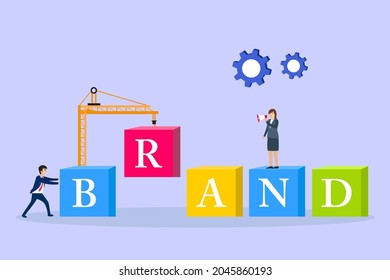 Concepto vectorial de marca comercial: Equipo de negocios trabajando juntos para hacer una buena marca de negocios con grúa
