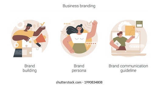 Business branding abstract concept vector illustration set. Brand building, brand persona and communication guideline, communication strategy, target marketing, visual identity abstract metaphor.