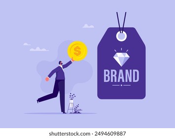 Business branding and marketing advertising promotion concept, customer holding money coin for buying premium or best quality product. brand awareness campaign