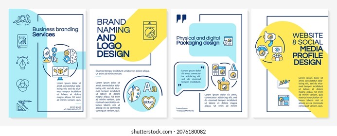 Business branding services brochure template. Brand style. Flyer, booklet, leaflet print, cover design with linear icons. Vector layouts for presentation, annual reports, advertisement pages