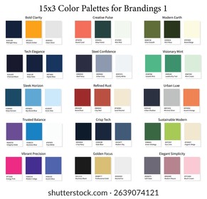 Business Brandings Color Palettes 1 15x3 - 3d Brand Colors Set, Color Schemes with Hex Codes and Names, Color Swatches and Combinations, Vector Illustration
