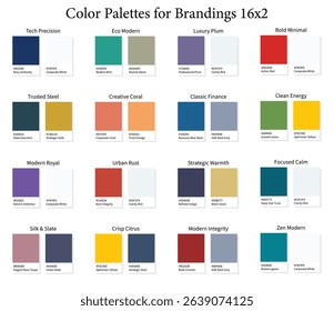 Business Brandings Color Palettes 1 16x2 - 3d Brand Colors Set, Color Schemes with Hex Codes and Names, Color Swatches and Combinations, Vector Illustration