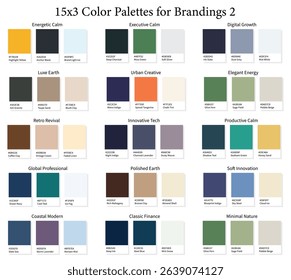 Business Brandings Color Palettes 2 15x3 - 3d Brand Colors Set, Color Schemes with Hex Codes and Names, Color Swatches and Combinations, Vector Illustration