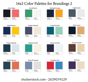 Business Brandings Color Palettes 2 16x2 - 3d Brand Colors Set, Color Schemes with Hex Codes and Names, Color Swatches and Combinations, Vector Illustration