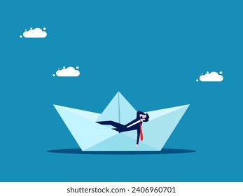 Business break. Businessman sleeping on an origami boat. vector 