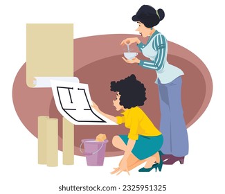 Business break. Cute characters make repair. Funny people. Illustration concept template for website, web landing page, banner, presentation, social, poster, promotion or print media.