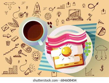 Business Breakfast , coffee ,toast, fried eggs , bacon , English traditional, icons, sketch , background, vector illustration