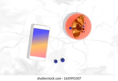 Business breakfast. Croissant, berries and smartphone on marble table
