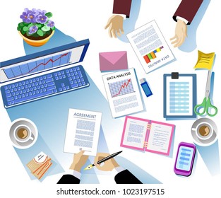 Business breakfast. Hands of businessmen on a table with a computer, notebooks and stationery. Cups with coffee. Vector illustration

