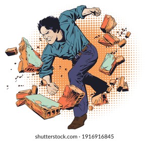 Business breakthrough success. Businessman breaks through wall. Man breaking bricks. Vector. Stock illustration. 
