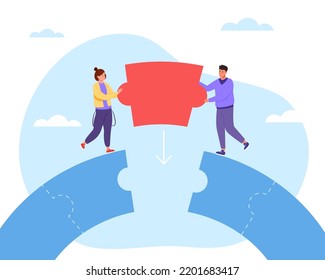 Business bridge puzzle. Gender collaboration connecting accessing building partner bridges complete gaps compromise problem risk of entrepreneurs team concept vector illustration of bridge puzzle