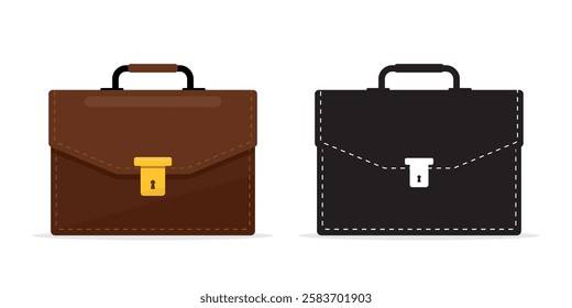 Business briefcase with black silhouette, design isolated on white background. Business handle case. Leather briefcase male bag. Work suitcase. Office case. Finance handbag. flat vector illustration