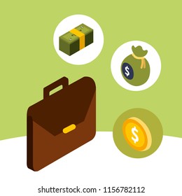 business briefcase coin banknote and bag money isometric