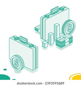 Maletín de negocios con columnas, moneda en dólares y pila de dólares. Concepto de contorno isométrico. Ilustración vectorial. 3 quinquies objetos.