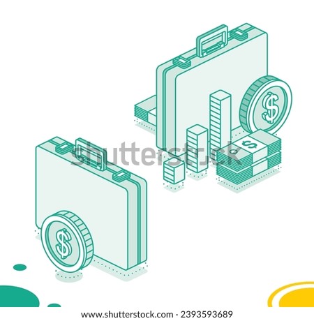 Business briefcase with columns, dollar coin and stack of dollars. Isometric outline concept. Vector illustration. 3d objects.