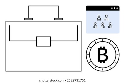 Business briefcase, cryptocurrency Bitcoin symbol, virtual meeting with multiple users. Ideal for finance, digital currency, remote work, business management, teamwork, online collaboration