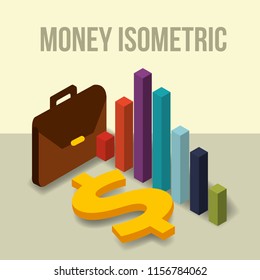 business briefcase diagram and dollar money isometric
