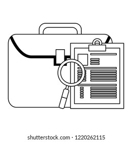 Business briefcase and documents black and white