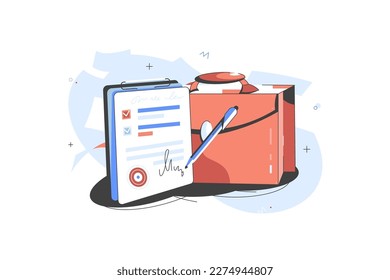 Maletín profesional con la ilustración vectorial de símbolos de carpetas de documentos.  Informe, lista, marca de verificación, papeleo.
Concepto de crecimiento profesional. Imagen vectorial de bolsa de trabajo.
