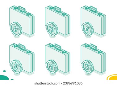 Maletín de negocios con monedas en dólares, euros, libras, rublos, yenes y bitcoin. Concepto de contorno isométrico. Ilustración vectorial. 3 quinquies objetos.