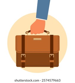 Business briefcase in hand businessman. Professional portfolio case, baggage or luggage for travel, modern office accessory, leather handbag. Cartoon flat style isolated vector concept