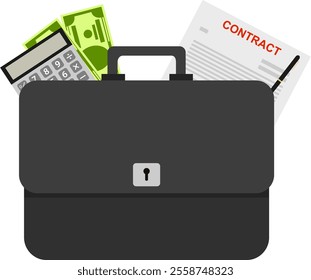 Business briefcase, business briefcase icon with calculator, paper money and signed contract. Vector, cartoon illustration. Vector.