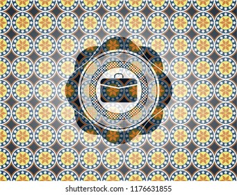 business briefcase icon inside arabesque emblem background. arabic decoration.