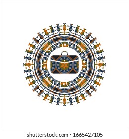 business briefcase icon inside arabesque badge background. arabic decoration.