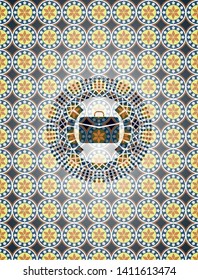 business briefcase icon inside arabic style emblem. Arabesque decoration.