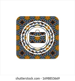 business briefcase icon inside arabic style badge. Arabesque decoration.