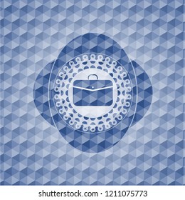 business briefcase icon inside blue emblem or badge with abstract geometric polygonal pattern background.