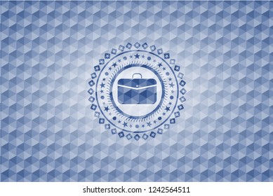 business briefcase icon inside blue emblem with geometric pattern background.