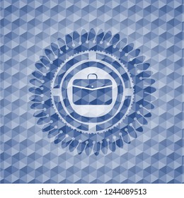 business briefcase icon inside blue emblem with geometric background.