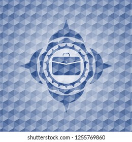 business briefcase icon inside blue emblem with geometric pattern background.