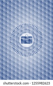 business briefcase icon inside blue polygonal badge.