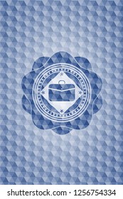 business briefcase icon inside blue badge with geometric pattern.