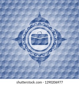 business briefcase icon inside blue emblem with geometric pattern background.