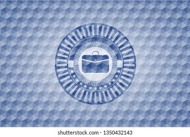 business briefcase icon inside blue emblem with geometric pattern background.