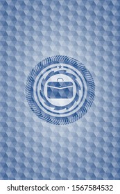 business briefcase icon inside blue emblem with geometric background.