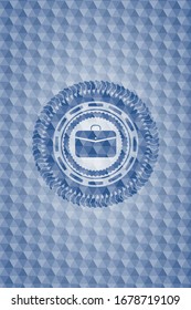 business briefcase icon inside blue badge with geometric pattern.