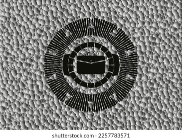 business briefcase icon inside dark emblem with grey bubbles background. Retro. Vector Illustration. Detailed. 