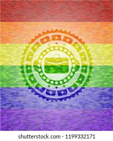 business briefcase icon inside emblem on mosaic background with the colors of the LGBT flag