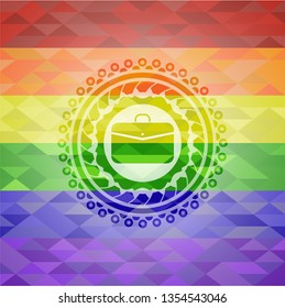 business briefcase icon inside emblem on mosaic background with the colors of the LGBT flag