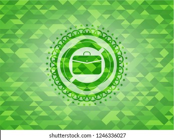 business briefcase icon inside green emblem. Mosaic background