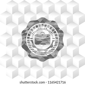 business briefcase icon inside grey emblem with cube white background