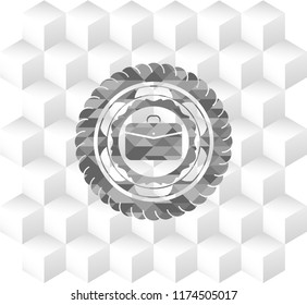 business briefcase icon inside grey icon or emblem with geometric cube white background
