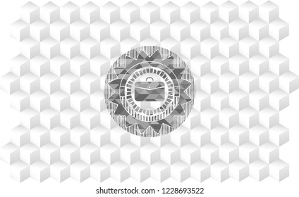 business briefcase icon inside grey badge with geometric cube white background