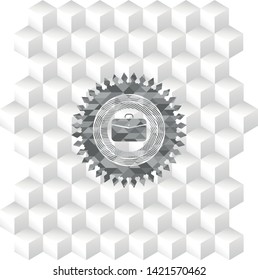 business briefcase icon inside grey badge with geometric cube white background